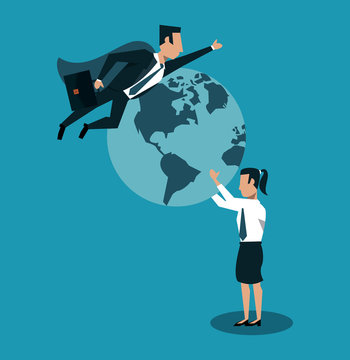 Businessman flying around world and businesswoman holding it vector illustration graphic design