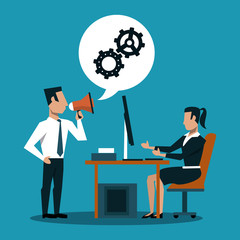 Businessman holding bullhorn and businesswoman working on computer vector illustration graphic design