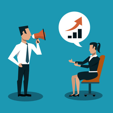 Business couple with bullhorn and talking about growing vector illustration graphic design