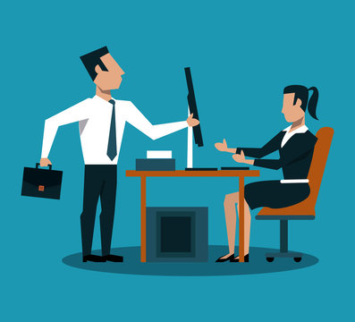 Business couple working at office with computer vector illustration graphic design