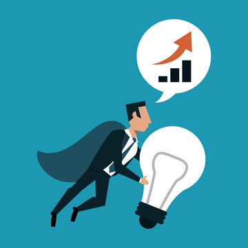 Businessman with cap holding bulb light and talking about growing vector illustration graphic design