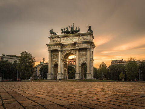 milano city center arco della pace at sunset monument