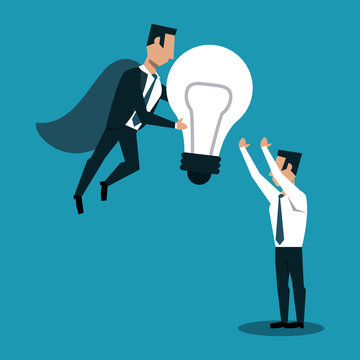Businessman flying with bulb light and man receiving idea vector illustration graphic design