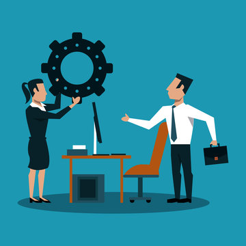 Business teamwork with gear and computer vector illustration graphic design