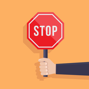 Naklejki Stop sign illustration flat, hand hold stop sign, flat design vector illustration