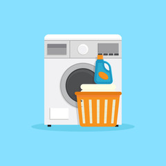 Washing machine illustration flat, washing machine, clothes, clothes basket, detergent, flat design vector illustration