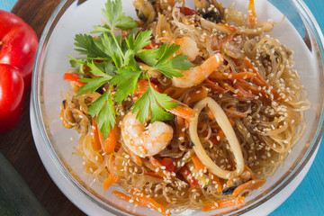 Rice noodles Wok with seafood