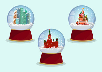 Vector Christmas Glass globe with the falling snow and St. Basils Cathedral, Kremlin and Moscow-City in it.Moscow