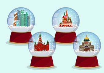 Vector Christmas Glass globe with the falling snow and St. Isaac's Cathedral, St. Basils Cathedral, Kremlin and Moscow-City in it.Moscow