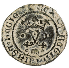 Ancient Spanish copper coin of the Kings Fernando e Isabel. Catholic kings. Coined in Segovia. Blanca. Reverse.