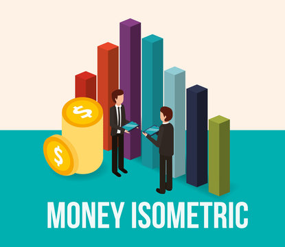 businessmen with tablet chart bar and coins money isometric vector illustration