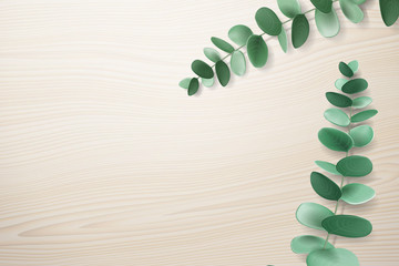 Realistic eucalyptus branch on wooden table. 3d eucalipti twig with leaves. Top view on herbal plant stem on wooden material. Nature composition with jade foliage. Organic and botany theme