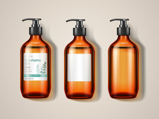 Eucalypti glassware bottle or spray. 3d eucalyptus aerosol or realistic medical container with essential oil or tropical extract. May be used for drugstore or pharmacy advertising. Inhalant theme