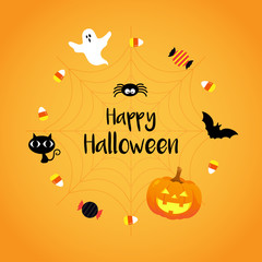 Happy Halloween greeting card vector illustration. Spooky ghost with Halloween elements on orange background.