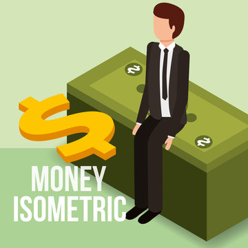businessman sitting on stack banknote dollar money isometric vector illustration