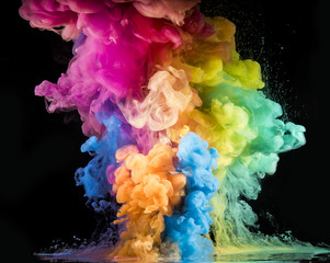 Colorful rainbow paint drops from above mixing in water. Ink swirling underwater.