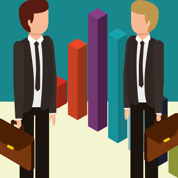 businessmen with briefcases and statistics chart money isometric vector illustration
