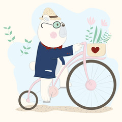 The cute baby bear on bicycle. Hand drawn cartoon style