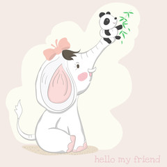 Hand drawn style, Cute little elephant and panda eating bamboo leaves
