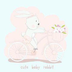 The cute baby rabbit on pink bicycle. Hand drawn cartoon style