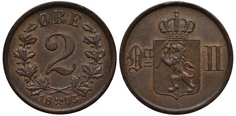 Norway Norwegian coin 2 two ore 1893, face value flanked by oak leaves with acorns, crossed hammers divide date below, crowned shield with lion holding hatchet divides monogram,