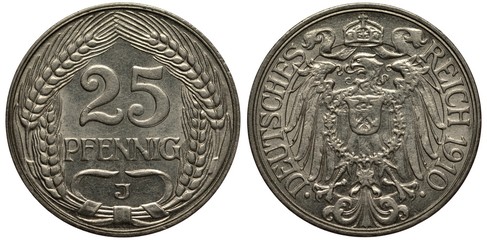 Germany German coin 25 twenty five pfennigs 1910, face value flanked by ears, crowned eagle with shield on chest,