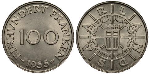 Saarland coin 100 one hundred francs 1955, large digits in center, date below, country name round...