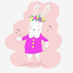The cute baby rabbit wearing a pink dress and dancing with music. Hand drawn cartoon style