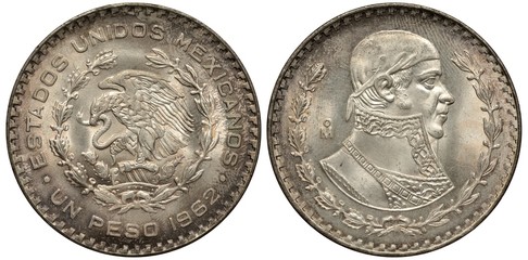 Mexico Mexican silver coin 1 one peso 1962, eagle on cactus catching snake flanked by springs, bust of Hose Maria Morelos y Pavone right, patina,