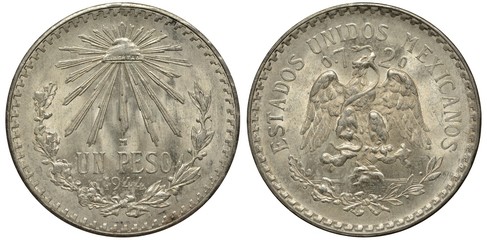 Mexico Mexican silver coin 1 one peso 1944, face value and date flanked by springs, Liberty cap...