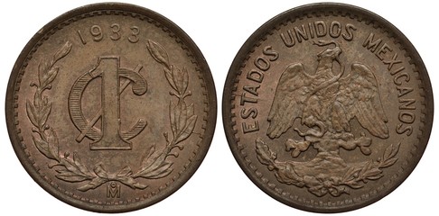 Mexico Mexican coin 1 one centavo 1933, face value and date flanked by laurel springs, mint mark below, eagle on cactus catching snake, patina,