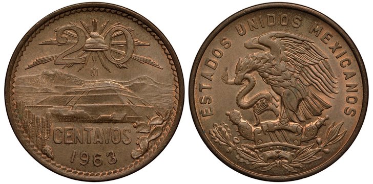 Mexico Mexican coin 20 twenty centavos 1963, Liberty cap with rays divides value, Pyramid of the Sun in Teotihuacan, cactuses at sides, Ixtaccihuatl and Popocatepetl in background, eagle on cactus cat
