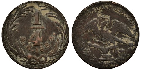 Mexico Mexican coin 1/4 quarter real 1833, First Republic, value, mint mark and date flanked by springs, eagle on cactus catching snake,