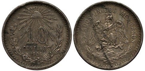 Mexico Mexican silver coin 10 ten centavo 1906, value flanked by oak and laurel springs, liberty...