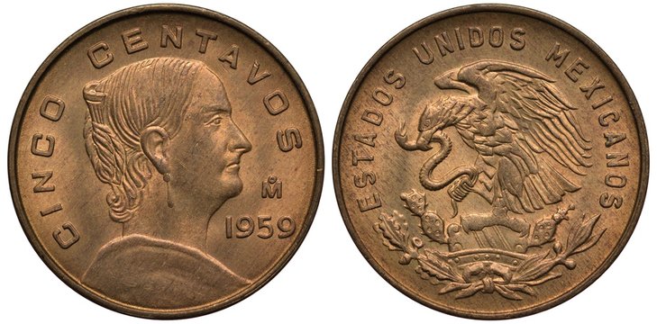 Mexico Mexican coin 5 five centavo 1959, bust of Josefa Dominguez right, eagle on cactus catching snake, 