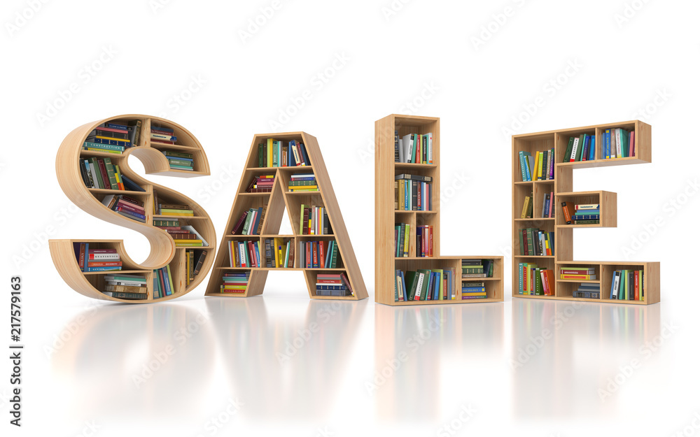 Poster sale from bookshelf with book in form of letters isolated on white background. back to school sales 