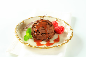 Chocolate ice cream with caramel sauce