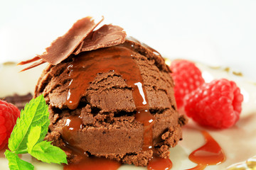 Chocolate ice cream with caramel sauce