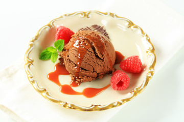Chocolate ice cream with caramel sauce