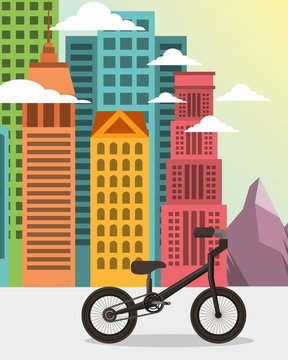 bike is good city colors buildings street ride rocks clouds vector illustration