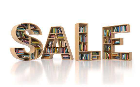 Sale from bookshelf with book in form of letters isolated on white background. Back to school sales concept.
