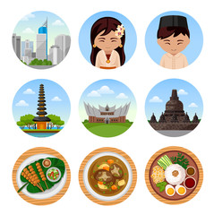 Naklejka premium Travel to Indonesia. Bali. Set of traditional cultural symbols, cuisine, architecture. Collection of colorful vector illustrations for the guidebook. Peoples in national dress. Flat round icons.