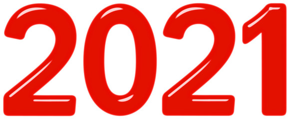 Inscription 2021 from red glass or plastic, isolated on white background, 3d render
