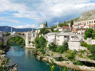 Fototapeta na wymiar Panorama of Mostar Old Town on holiday day, Bosnia and Herzegovina
