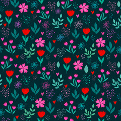 Magic seamless pattern with flowers and leaves. Vector floral background.