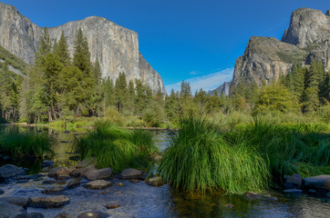 grass and boulders on Merced river in Yosemite valley Yosemite National Park, California, USA