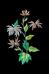 Pattern for embroidery of autumn green leaves with cream and white chrysanthemums on  black background
