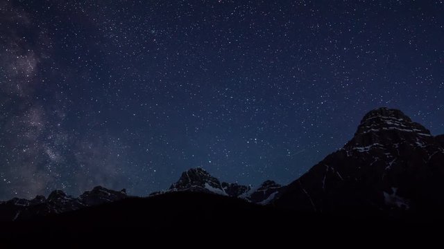 time lapse of milky way over mountains at Waterfowl Lakes in along the Icefields Parkway in Banff National Parak, Alberta, Canada