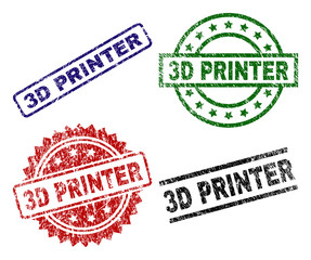 3D PRINTER seal prints with damaged texture. Black, green,red,blue vector rubber prints of 3D PRINTER caption with dirty texture. Rubber seals with circle, rectangle, rosette shapes.