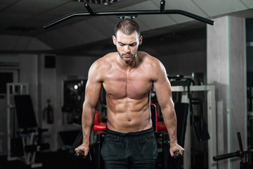 Fototapeta na wymiar Muscular man doing push-ups on uneven bars in crossfit gym.